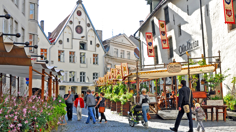 Gamla Stan i Tallinn med Old Hansa i bakgrunden och mysiga gr�nder.
